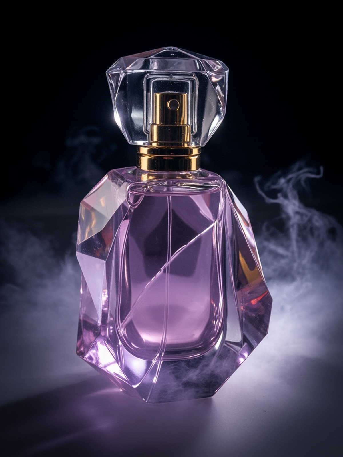 Faceted glass flacon glowing lilac in dark mist